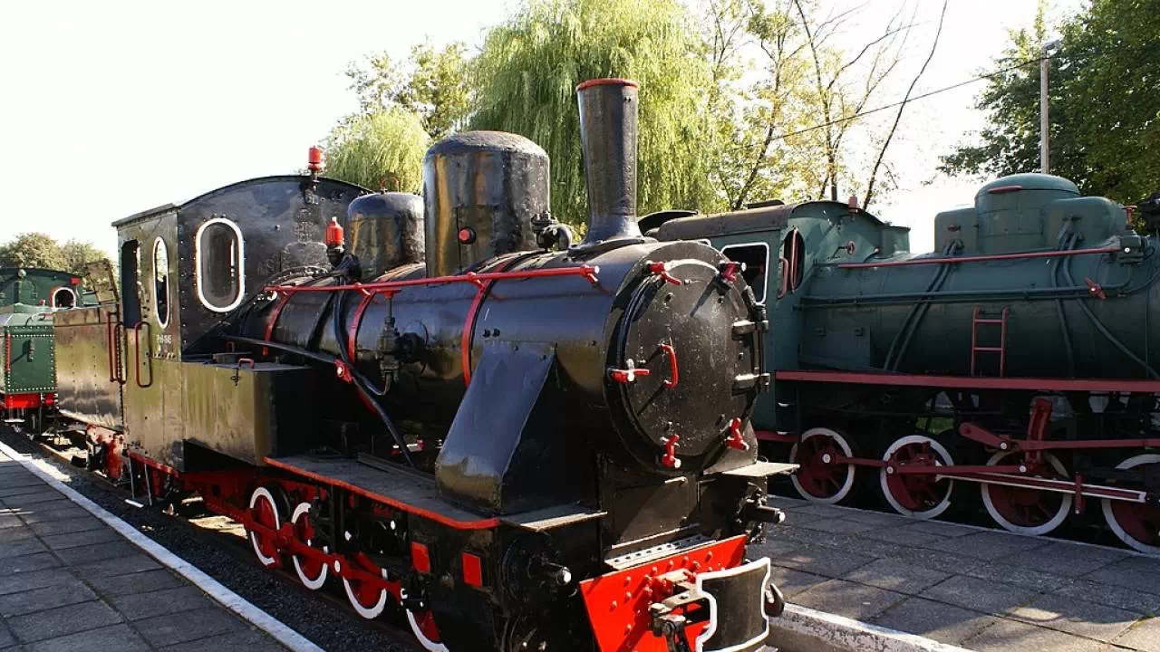 Zdjęcie zewnętrzne Muzeum Kolei Wąskotorowej w Sochaczewie – Na zdjęciu widać zabytkowe lokomotywy i wagony wąskotorowe stojące na torach, otoczone zielenią i drzewami.